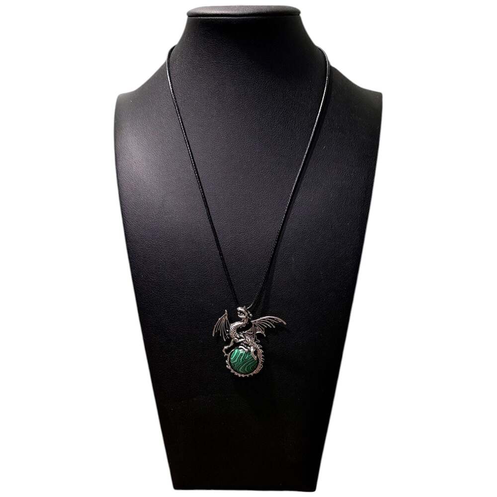 Malachite Dragon Pendant Black Cord Necklace - Picture 3 of 3